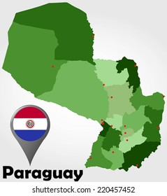 Paraguay political map with green shades and map pointer.