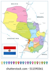 Paraguay political map and map pointers isolated on white. Highly detailed vector map illustration. All elements are separated in editable layers clearly labeled.