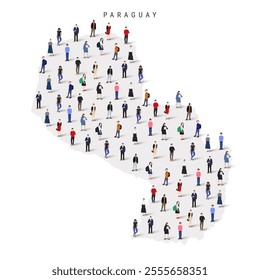 Paraguay population map. Large group of realistic a diverse crowd of people figures in a shape of Paraguayan map. Flat vector illustration isolated on white.