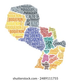 Paraguay region word cloud. Country shape design. Paraguay colored illustration. Region names collage cloud. Vector illustration.