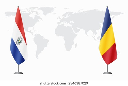 Paraguay and Romania flags for official meeting against background of world map.