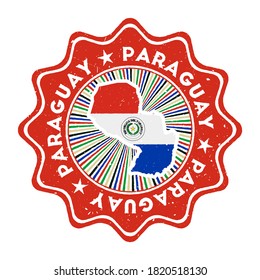 Paraguay round grunge stamp with country map and country flag. Vintage badge with circular text and stars, vector illustration.