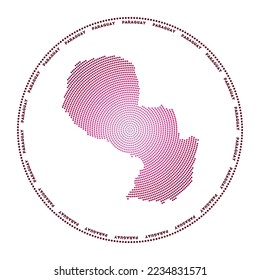 Paraguay round logo. Digital style shape of Paraguay in dotted circle with country name. Tech icon of the country with gradiented dots. Appealing vector illustration.