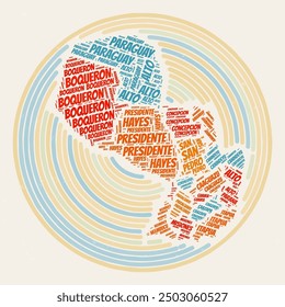 Paraguay Round Poster. Typography style image of Country. Regions word clouds of Paraguay. Vintage image design with scratch texture.