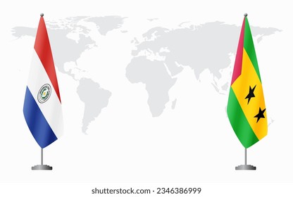 Paraguay and Sao Tome and Principe flags for official meeting against background of world map.