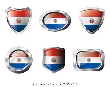 Paraguay set shiny buttons and shields of flag with metal frame - vector illustration. Isolated abstract object against white background.