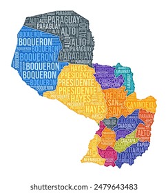 Paraguay shape. Country word cloud with region division. Paraguay colored illustration. Region names cloud. Vector illustration.