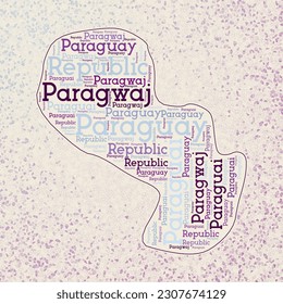 Paraguay shape whith country names word cloud in multiple languages. Paraguay border map on appealing triangles scattered around. Attractive vector illustration.