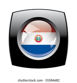 Paraguay shiny button flag with black frame -  vector illustration. Isolated abstract object against white background.