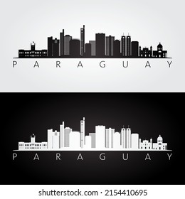 Paraguay skyline and landmarks silhouette, black and white design, vector illustration.