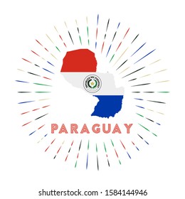 Paraguay sunburst badge. The country sign with map of Paraguay with Paraguayan flag. Colorful rays around the logo. Vector illustration.