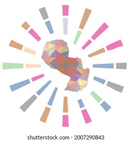 Paraguay sunburst. Low poly striped rays and map of the country. Artistic vector illustration.