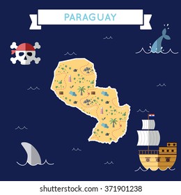 Paraguay treasure map in flat design. Colorful cartoon treasure map of Paraguay with flat design icons of pirate ship and jolly roger. Paraguay flat design vector illustration.