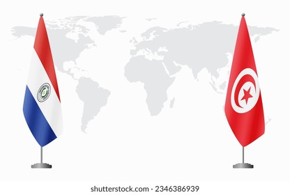 Paraguay and Tunisia flags for official meeting against background of world map.