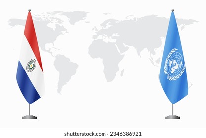 Paraguay and United Nations flags for official meeting against background of world map.