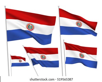 Paraguay vector flags set. 5 wavy 3D cloth pennants fluttering on the wind. EPS 8 created using gradient meshes isolated on white background. Five flagstaff design elements from world collection