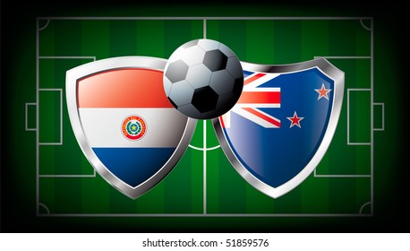 Paraguay versus New zealand abstract vector illustration isolated on white background. Soccer match in South Africa 2010. Shiny football shield of flag Paraguay versus New zealand