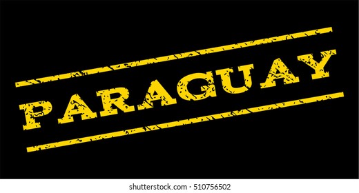 Paraguay watermark stamp. Text tag between parallel lines with grunge design style. Rubber seal stamp with dirty texture. Vector yellow color ink imprint on a blue background.