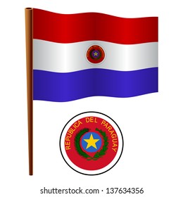 paraguay wavy flag and coat of arm against white background, vector art illustration, image contains transparency