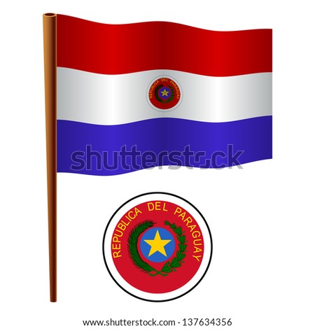 paraguay wavy flag and coat of arm against white background, vector art illustration, image contains transparency
