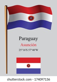 paraguay wavy flag and coordinates against gray background, vector art illustration, image contains transparency