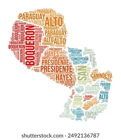 Paraguay Word Cloud. Country shape with region division. Paraguay typography style image. Region names tag clouds. Vector illustration.