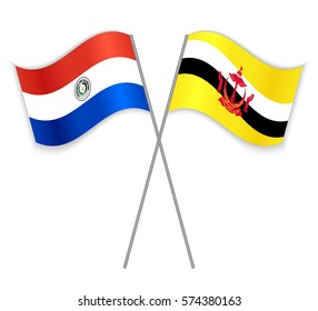 Paraguayan and Bruneian crossed flags. Paraguay combined with Brunei isolated on white. Language learning, international business or travel concept.