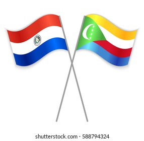 Paraguayan and Comoran crossed flags. Paraguay combined with Comoros isolated on white. Language learning, international business or travel concept.