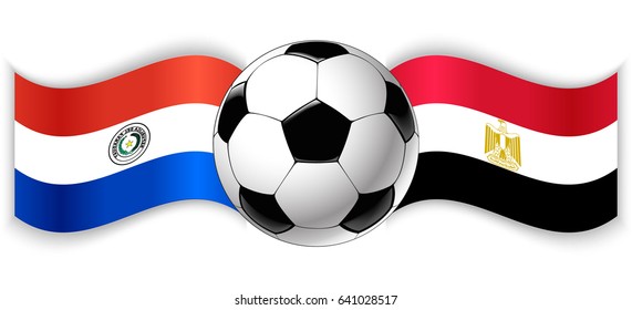 Paraguayan and Egyptian wavy flags with football ball. Paraguay combined with Egypt isolated on white. Football match or international sport competition concept.