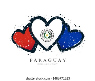 Paraguayan flag in the form of three hearts. Vector illustration on a white background. Brush strokes are drawn by hand. Paraguay Independence Day.