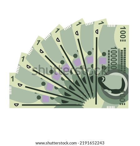 Paraguayan Guarani Vector Illustration. Paraguay money set bundle banknotes. Paper money 100000 PYG. Flat style. Isolated on white background. Simple minimal design.