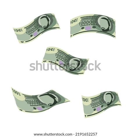 Paraguayan Guarani Vector Illustration. Paraguay money set bundle banknotes. Falling, flying money 100000 PYG. Flat style. Isolated on white background. Simple minimal design.