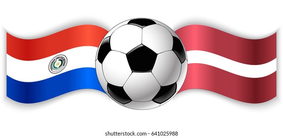 Paraguayan and Latvian wavy flags with football ball. Paraguay combined with Latvia isolated on white. Football match or international sport competition concept.