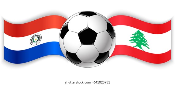 Paraguayan and Lebanese wavy flags with football ball. Paraguay combined with Lebanon isolated on white. Football match or international sport competition concept.