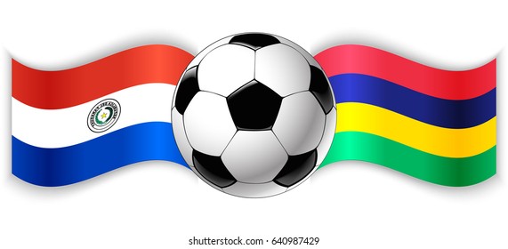 Paraguayan and Mauritian wavy flags with football ball. Paraguay combined with Mauritius isolated on white. Football match or international sport competition concept.