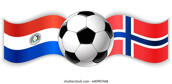 Paraguayan and Norwegian wavy flags with football ball. Paraguay combined with Norway isolated on white. Football match or international sport competition concept.