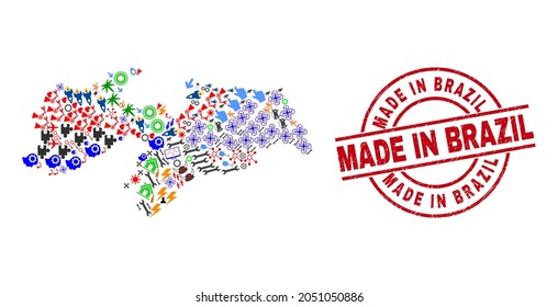 Paraiba State map collage and rubber Made in Brazil red circle seal. Made in Brazil seal uses vector lines and arcs. Paraiba State map collage contains gears, homes, showers, suns, men,