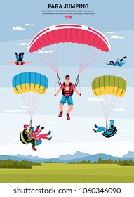 Parajumping poster with parachuting and para gliding symbols flat vector illustration