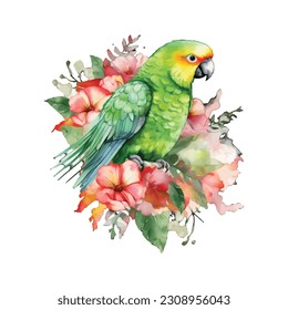 Parakeet, Bright Green Budgerigar, Parrot, Green Pet floral Parakeet, tropical flowers, Watercolor vector illustration, watercolor vintage, vector art, isolated background