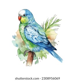 Parakeet, Bright Green Budgerigar, Parrot, Green Pet floral Parakeet, tropical flowers, Watercolor vector illustration, watercolor vintage, vector art, isolated background