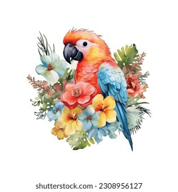 Parkett, hellgrüner Budgerigar, Papagei, Grüner Blumenparaket, tropische Blumen, Aquarellfarben, Vektorgrafik, Vintage, Vektorgrafik, isolierter Hintergrund