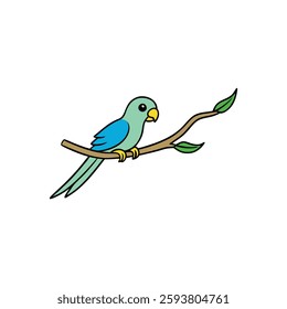 Parakeet Flying from a Tree Branch – color Vector Line Art Silhouette Icon