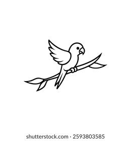 Parakeet Flying from Tree Branch – Line Art Vector Illustration
