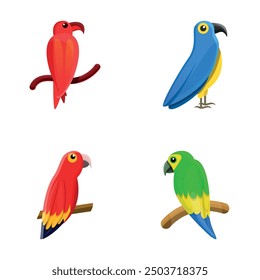 Parakeet icons set cartoon vector. Bright exotic bird. Jungle and tropical forest wildlife