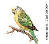 Parakeet on a branch, Bright Green Budgerigar, Parrot, Green Pet Parakeet, tropical flowers, Watercolor vector illustration,  watercolor vintage, vector art, isolated background