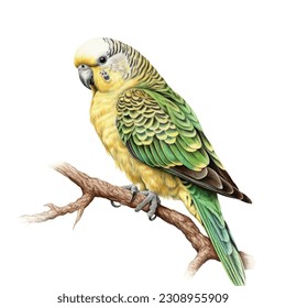 Parkett auf einem Ast, Hell-Grüner Budgerigar, Papagei, Grüner Pet-Paraket, tropische Blumen, Aquarell-Vektorgrafik, Vintage, Vektorkunst, isolierter Hintergrund