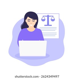 Ilustração paralegal do vetor da ajuda legal com uma mulher que trabalha no laptop