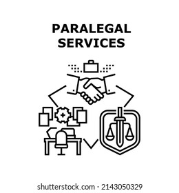 Paralegal Services Vector Icon Concept. Paralegal Services Signing Agreement Law Company And Lawyer With Client. Office Workplace For Researching Documentation, Paperwork Black Illustration