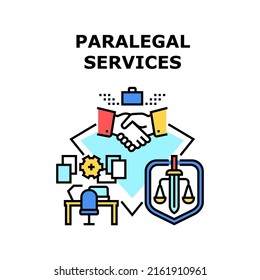 Paralegal Services Vector Icon Concept. Paralegal Services Signing Agreement Law Company And Lawyer With Client. Office Workplace For Researching Documentation, Paperwork Color Illustration