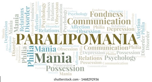 Paralipomania word cloud. Type of mania, made with text only.